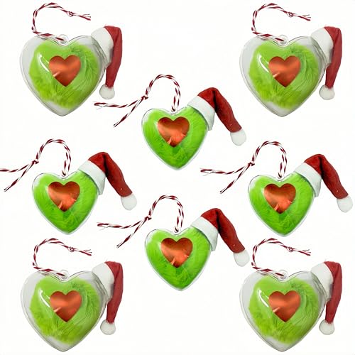 Christmas Lime Green Furry Heart Ornaments Set - Plush Xmas Tree Decorations, 6cm & 8cm, 8pcs with Strings