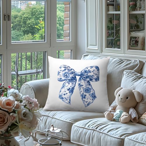 Chinoiserie Bow Pillow Cover 18x18, Grandmillennial Blue and White Decor