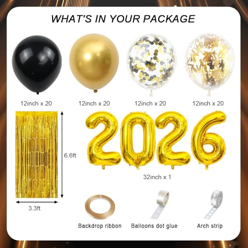 2026 New Year Decorations Kit - 89pcs Black & Gold Party Supplies