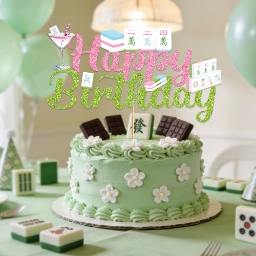 Green Mahjong Cake Topper - Glitter Mahjong Party Decoration for Cakes
