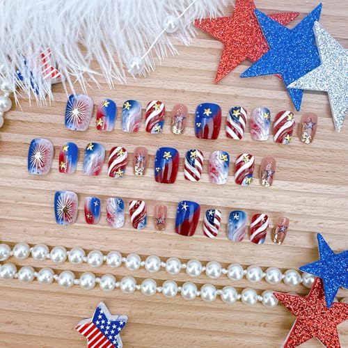 4th of July Press on Nails Short Square American Flag Star Fake Nails