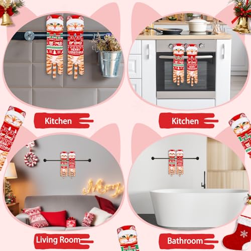 Christmas Cat Hand Towels Set - Orange Cat Hanging Kitchen Towels, 2 Pack