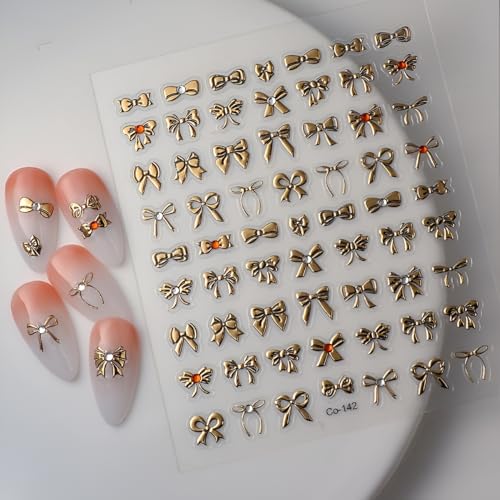 Namrec Gold Bow Nail Stickers 5D Self-Adhesive Rhinestone Decals