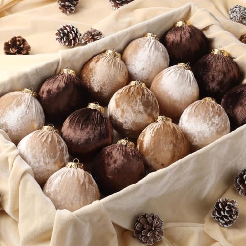 Velvet Christmas Ornaments Set - Brown Series 15 Pack 3.15 Inch Holiday Decor
