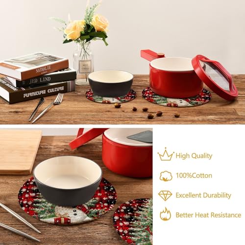 Snowman Christmas Tree Trivet Mat Set - Red Black Plaid Woven Hot Pads