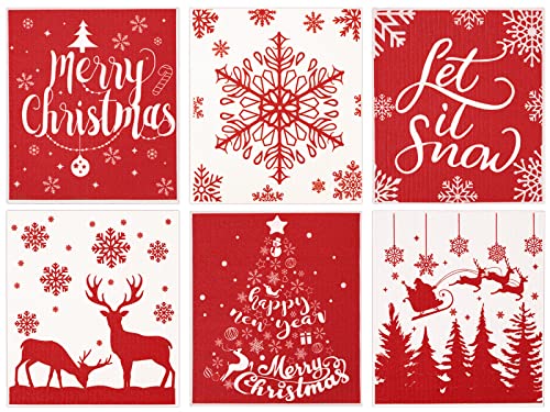 Red Christmas Swedish Dishcloths Set - Reusable Kitchen Towels with Snowflake Reindeer Tree Design