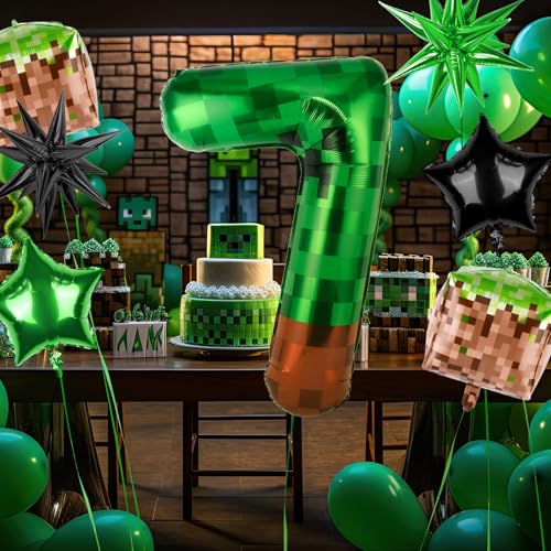 40 Inch Green Pixel Number 7 Balloon Set - 7 Pcs Party Decor