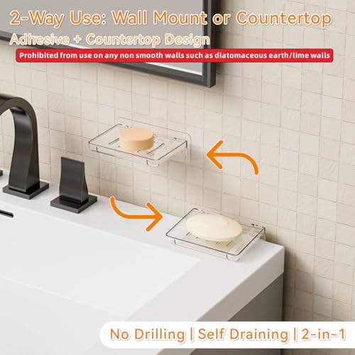 SuoXing Wall-Mounted Soap Holder - 2 Pack Self-Draining Acrylic Caddy