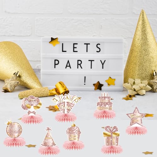 Rose Gold Birthday Honeycomb Centerpieces - 8 Pack Table Decor