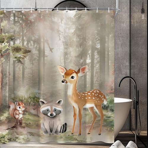 CINEKER Forest Animal Shower Curtain Set - 60x72 Inch Watercolor Woodland