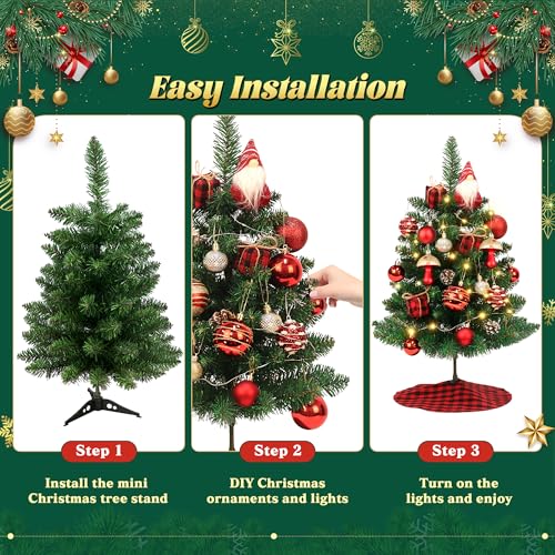 Mini Gnome Christmas Tree with Lights - 2 Ft Small Tabletop Holiday Tree