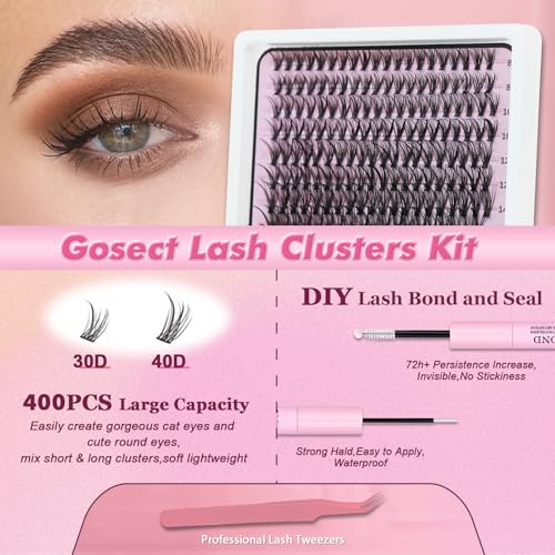 Gosect DIY Lash Extension Kit with 400pcs Cluster Lashes, Bond, Seal, and Tweezers
