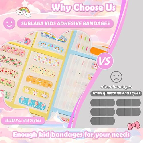 33 Styles Kids Cartoon Bandages 300 Pcs Adhesive Flexible Unicorn Bandages Cartoon Bandaids Variety Pack Waterproof Breathable Protect Scrapes and Cuts for Girls Boys Children Toddlers(Cute)
