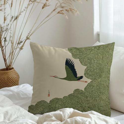Vintage Crane Pillow Cover 18x18 Inch, Japanese Style Botanical Throw Case