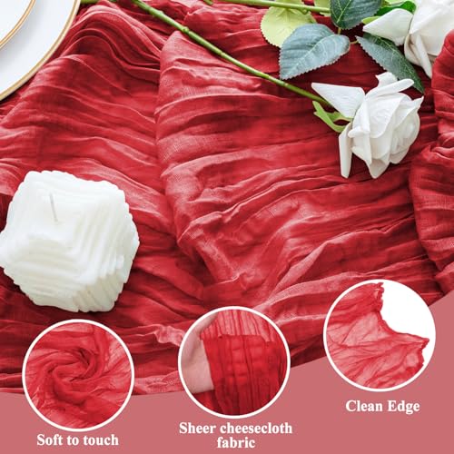 3 Pack Red Cheesecloth Table Runners 10FT Boho Sheer Rustic Decor