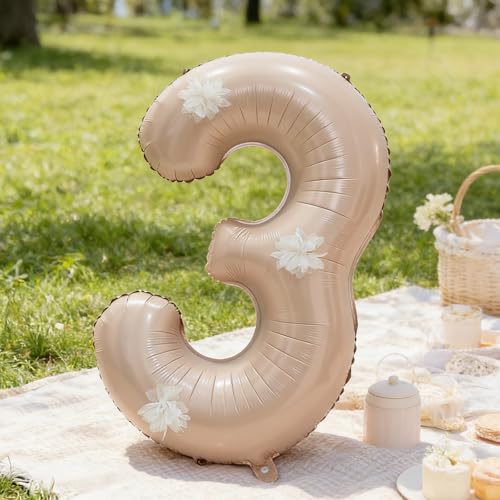 40 Inch Blush Pink Floral Number 3 Balloon - Giant Birthday Decor