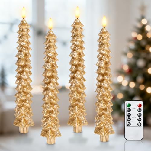 4PC Gold Flameless Christmas Tree Taper Candles - Holiday Decor
