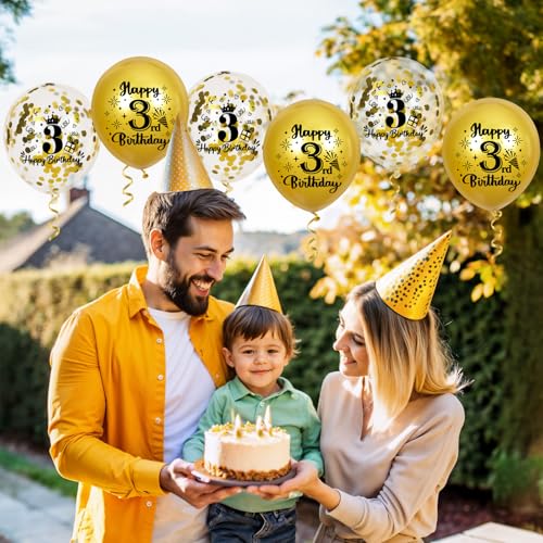 Gold 3rd Birthday Balloons - 18 Pcs with Confetti & Ribbon