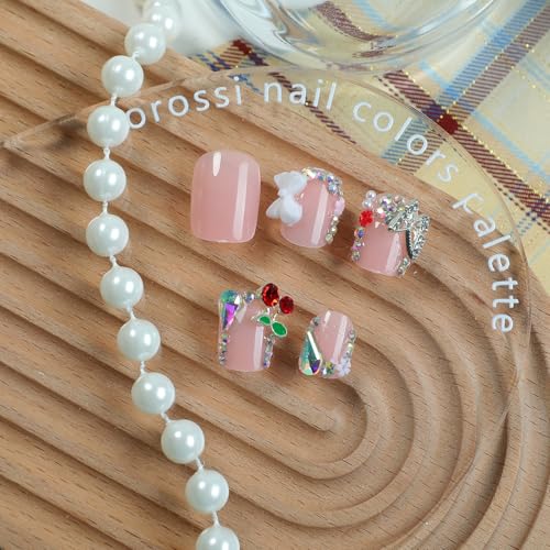 Pink Press on Nails Short Square False Nails with Rhinestones and Butterfly Charms 24Pcs