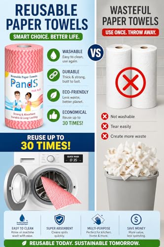 Reusable Paper Towels Roll - 60 Washable Cleaning Cloths