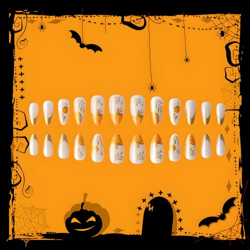 Halloween Press on Nails Medium Almond 3D Fake Nails Fall Acrylic Set