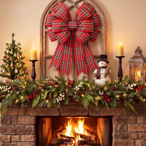 Large Red Christmas Plaid Tartan Bow Wreath Decor - 17.7 x 14.5 Inches
