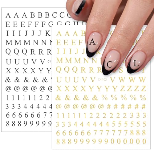 Skrfren 8 Sheets Holographic Letter & Number Nail Stickers - 3D Self-Adhesive Alphabet Decals
