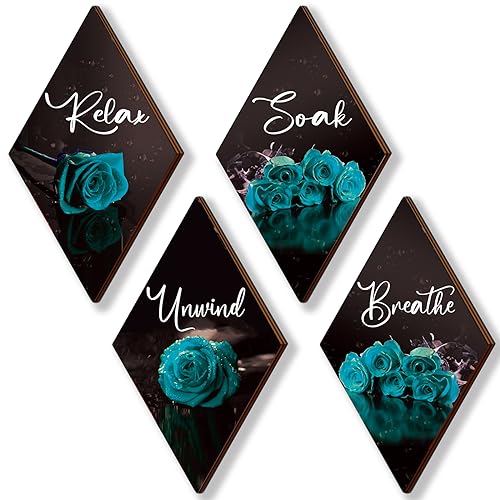ONIZHITY Set of 4 Teal Rose Wall Decor Signs - Breathe, Soak, Unwind, Relax