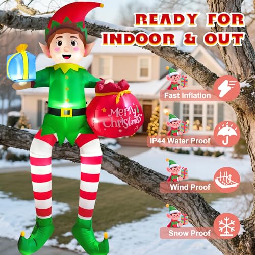 10FT Sitting Elf Inflatable Christmas Yard Decoration with LED Lights - Buddy the Elf with Gift Bag