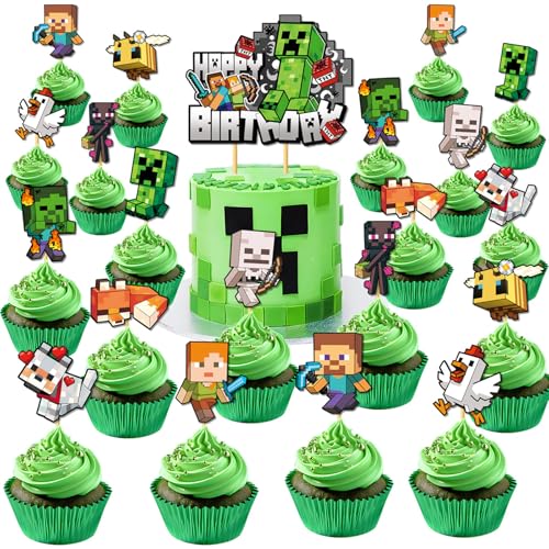 21-Piece Pixel Gaming Cake Decoration Set with Happy Birthday Topper