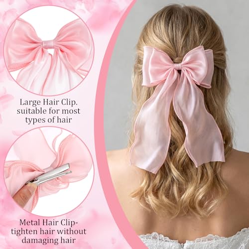 Mabor Large Pink Hair Bows with Long Tail Clip, 2 Pcs