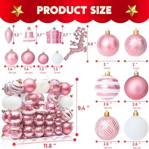 Pink Christmas Tree Ornaments Set - Shatterproof Holiday Decorations, 66 pcs
