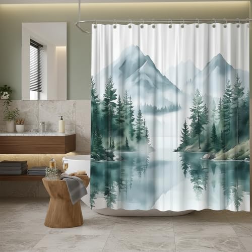 Green Misty Forest Mountain Shower Curtain - Watercolor Nature Design