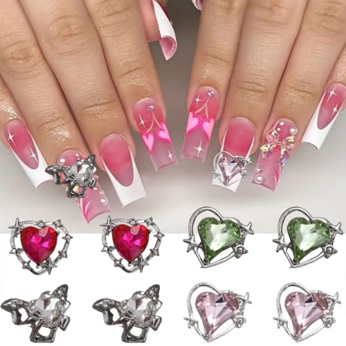 GUAACCB 15Pcs 3D Heart & Butterfly Nail Charms Silver Rhinestones