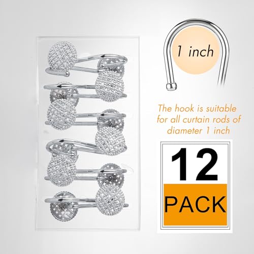 Pearlbee Chrome Shower Curtain Hooks - Round Beaded Design, 12 Pack, Zinc Alloy