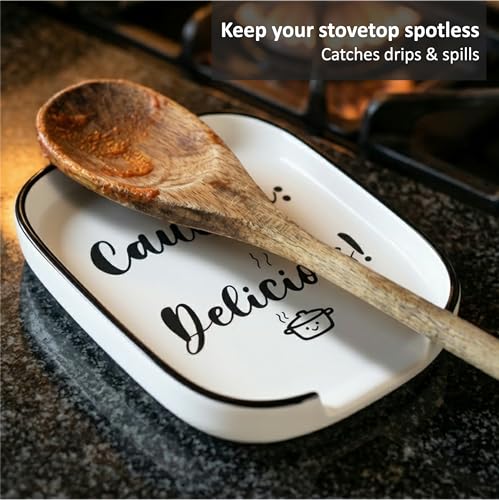 Kezario Ceramic Spoon Rest - Heat Resistant Utensil Holder with Funny Quote