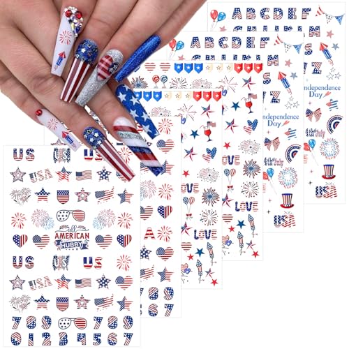 4th of July Nail Stickers 6 Sheets - American Flag & Star Decals