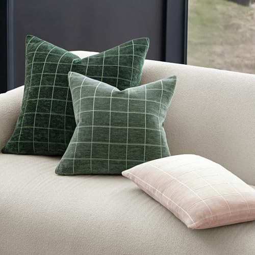 Decorative Chenille Plaid Throw Pillow Cover Moss Green 20x20 Set of 2 - Hidden Zipper