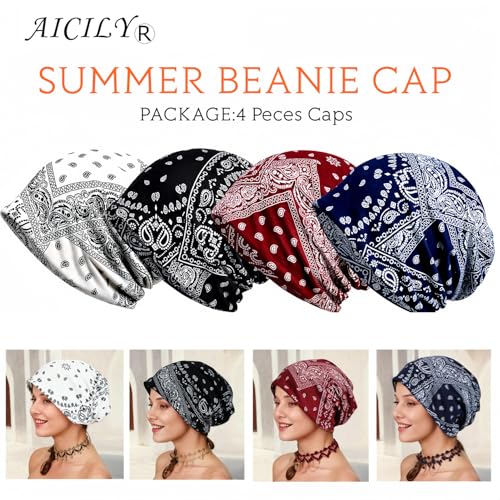4 Pieces Soft Cotton Beanie Turban for Women, Chemo Head Scarf Hats, Elastic Hair Wraps, Cancer Headwear Covers