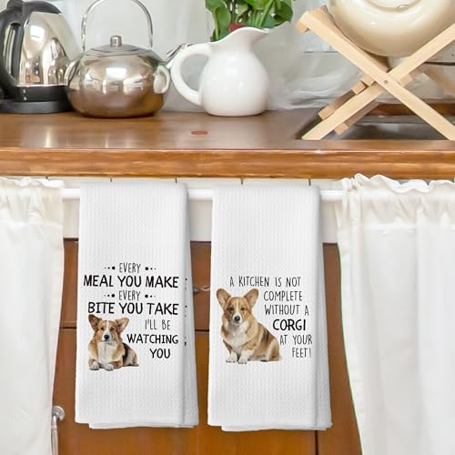 Funny Corgi Kitchen Dish Towels Set of 2 Dog Lover Microfiber Hand Towels