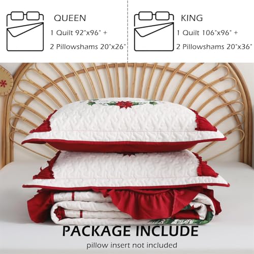 King Size Poinsettia Floral Bedspread Set with 2 Pillow Shams - Reversible Christmas Bedding