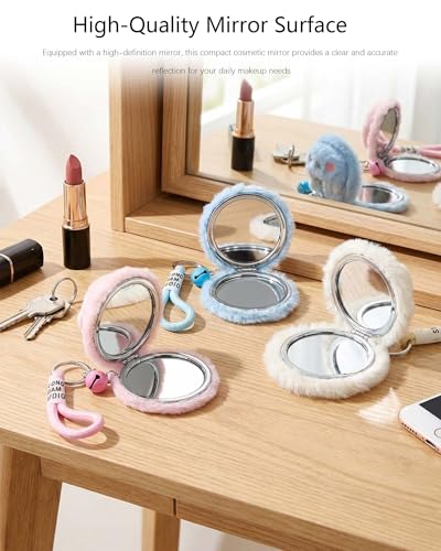 Pink Bunny Plush Makeup Mirror Keychain with Lanyard - Portable Mini
