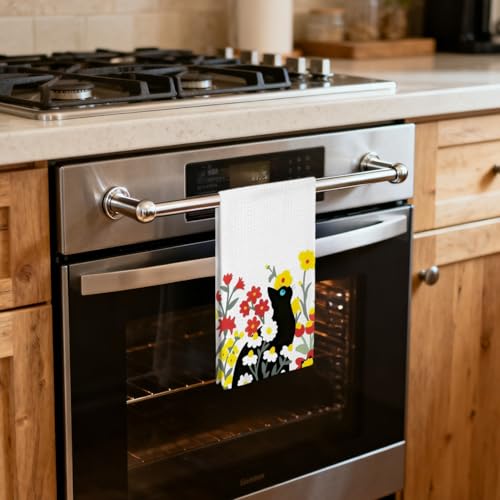 Floral Black Cat Dish Towels - 16x24 Inch Kitchen & Bathroom Decor