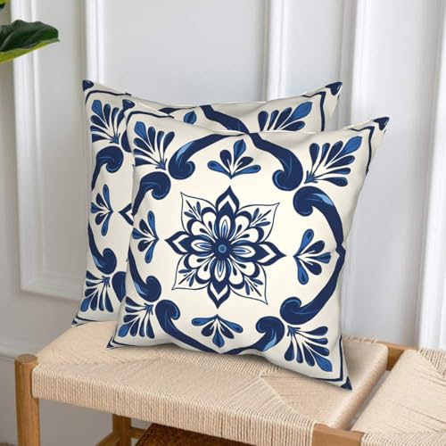Cafl Mexican Floral Tile Throw Pillow Covers - Set of 2, 18x18 Inch