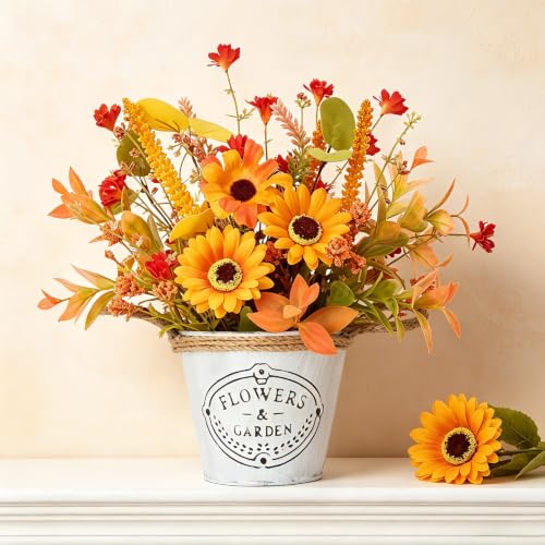 Fall Thanksgiving Table Centerpiece with Flowers - Vintage Metal Pot