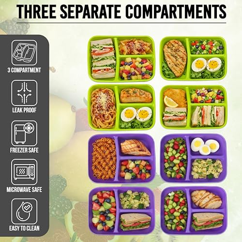 Neez 2 Pack 48oz Bento Lunch Containers - 3 Compartment, Leak Proof & Microwave Safe