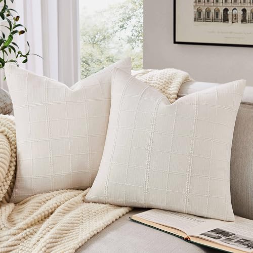 ZeeMart 18x18 Ivory Checked Throw Pillow Covers, Set of 2 Farmhouse Grid