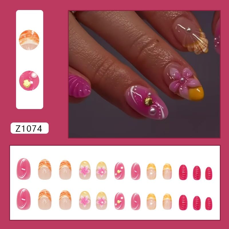 Short Almond French Tip Press on Nails with Pearl 3D Flower Design