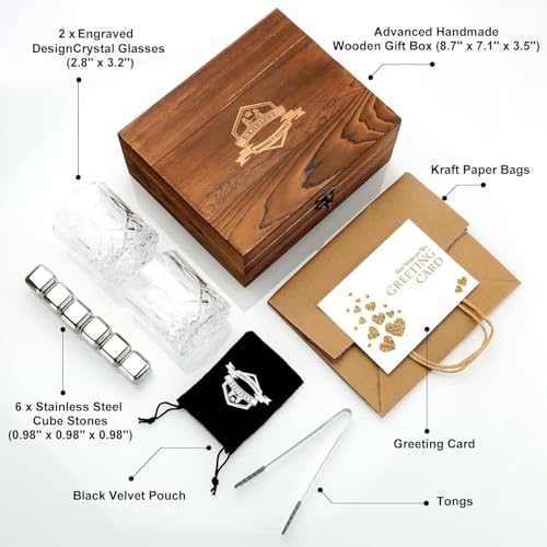 Whiskey Stones and Glass Set with Stainless Steel Cubes & 2 Whiskey Glasses - Bourbon Gift for Men