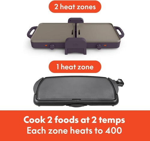 Bella 10"x20" Ceramic Fold-N-Store Griddle - Dual Temp Nonstick Kitchenware, 2 Zones Up to 400°F, Plum